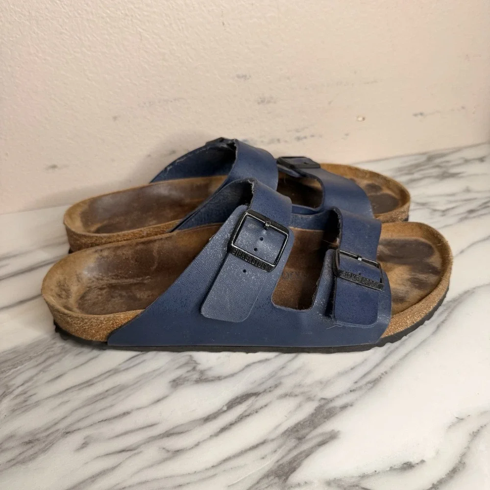 Birkenstock Arizona Navy Blue Leather 2 Strap Sandals Slides EU Sz 47 US Mens 14